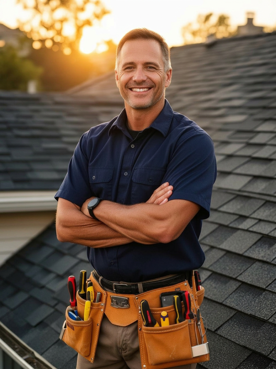 Summit Roofing master foreman on a residential roof at sunset